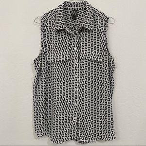 Worthington Women’s PL Black White Sleeveless Button Up Top Blouse Collar
